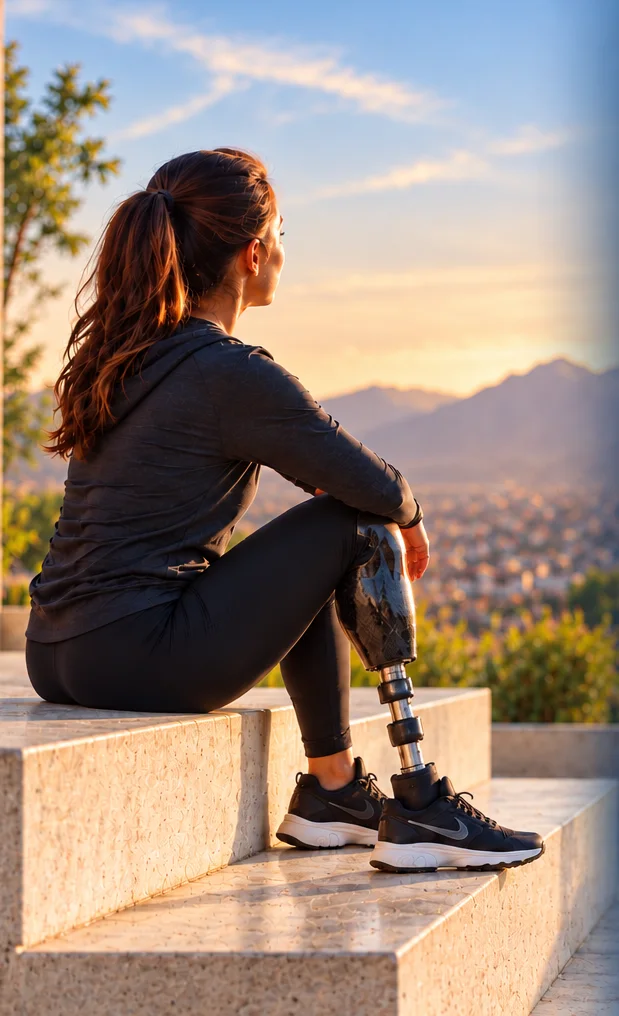 Mujer con prótesis transtibial contempla el atardecer sobre la ciudad