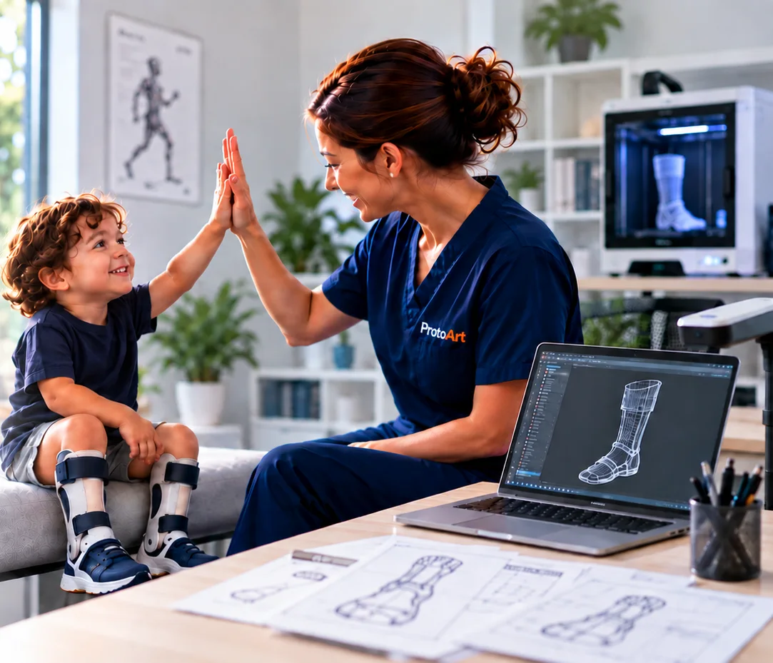 Especialista de ProtoArt choca la mano con un niño que usa órtesis de tobillo impresas en 3D